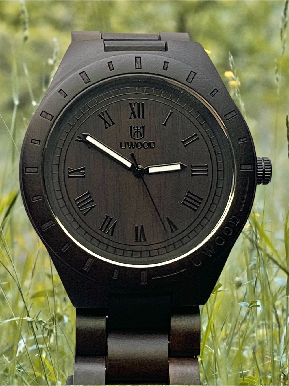 Men's Dark Brown Wooden Watch with Roman Dial